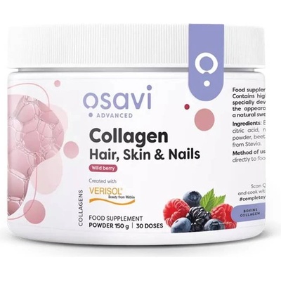Osavi Collagen Peptides Hair, Skin & Nails, диви плодове, 150 g, Osavi