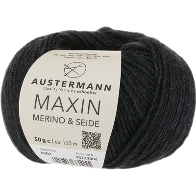 Austermann MAXIN Merino & Seide - 80% merino vlna, 20% hedvábí - Ručně pletací příze Barva: 002 BLACK