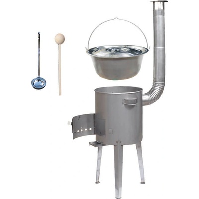 Kessel kotlík na guláš železo 14 l 0,75 mm kotlina nerez vysoká LUXUS průměr 36 cm poklice nerez 41 cm INOX naběračka 350 ml a vařečka 50 cm LUXUS PARTY