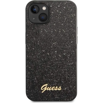 GUESS Glitter Flakes Metal Logo - хибриден удароустойчив кейс за iPhone 14 (черен)