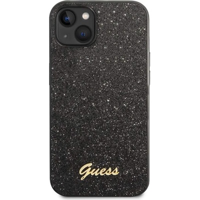 GUESS Glitter Flakes Metal Logo - хибриден удароустойчив кейс за iPhone 14 (черен)