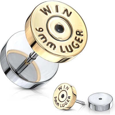 Šperky eshop fake plug ve stříbrné barvě plochý kruh ve zlatém odstínu nápis "WIN" U13.01