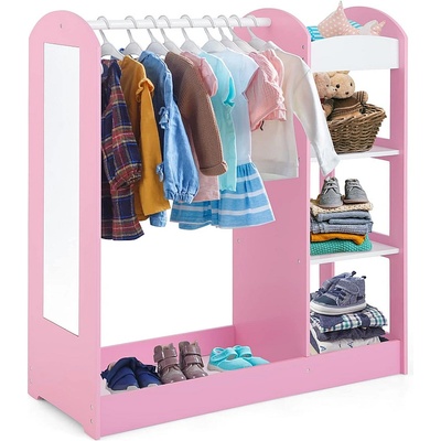 Ginger Home Детска стойка за дрехи с огледало - отворен детски гардероб с рафтове и закачалки, розов, 94x38x100 см