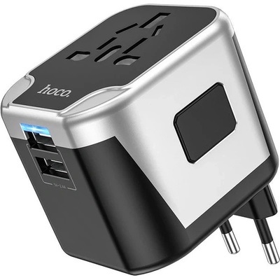 hoco. Универсален адаптер за пътуване HOCO AC5 World, зарядно устройство 2x USB-A (UK/EU/US/AUS) 12W