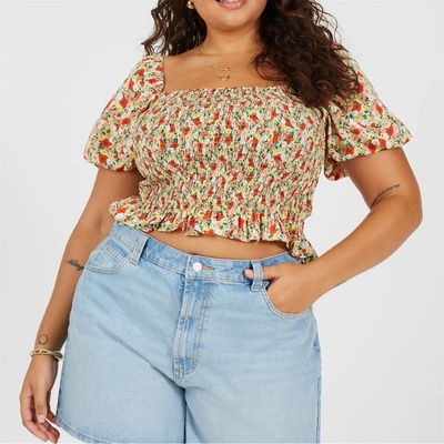 Brave Soul Plus Size Womens Puff Sleeve Top with Ruched and Tie Details. - Red Floral