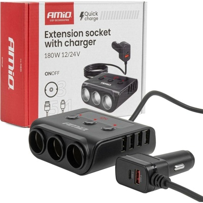 Rozbočovač zásuvky zapalovače s nabíječkou 4xUSB-A QC3.0 PD 3.0 180 W