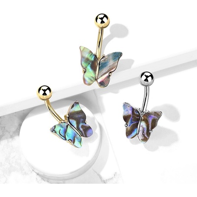 Šperky eshop ocelový piercing do břicha symetrický motýl s mušlí Abalone povrchová úprava PVD Z04.09 Stříbrná