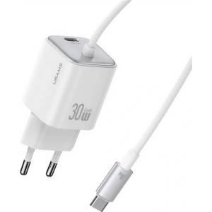 USAMS Зарядно устройство USAMS JC MINI за захранване от мрежата с гнездо Type-C 30W, GaN + фиксиран кабел Type-C, FEHÉR CC264TC02 (CC264TC02)