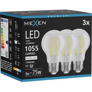 Mexen Vintis 3x LED крушка с нажежаема жичка E27, A60, 8W, Неутрална - 4000K, 1055 lm, (L150-E27-0840-00x03)
