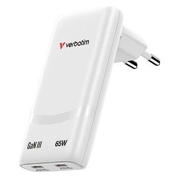 Verbatim 32355, Fold , n, Go, GaN зарядно устройство за мрежа 2 USB-C PD 3.0, бял 65W, твърда вилка на ЕС (32355)