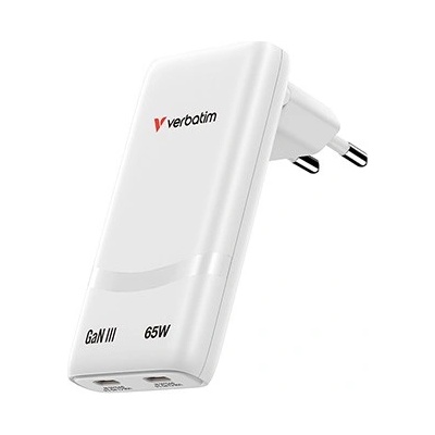 Verbatim 32355, Fold , n, Go, GaN зарядно устройство за мрежа 2 USB-C PD 3.0, бял 65W, твърда вилка на ЕС (32355)