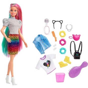 Mattel Кукла Barbie, Леопардова коса с дъга, 16 модни аксесоара за коса, 30 см, 1710268