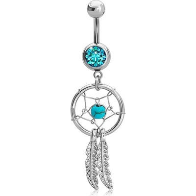 Šperky eshop ocelový piercing do bříška lapač snů pentagram pírka modrý a zelený zirkon SP31.10