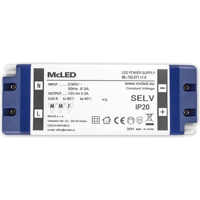 MCLED Napaječ LED 40W, DC12V/3,3A, plastové provedení se svorkovnicí, IP20 ML-732.071.11.0