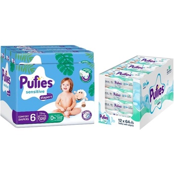 pufies Бебешки пелени Pufies Sensitive - Размер 6, 13+ kg, 126 броя + мокри кърпи Pufies Clean Care, 12 х 64 броя (3800024036026+13800024027540)