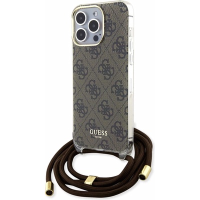 GUESS PU IML 4G Printed Case With Crossbody Strap - дизайнерски кожен кейс с връзка за носене през врата за iPhone 15 Pro Max (кафяв)