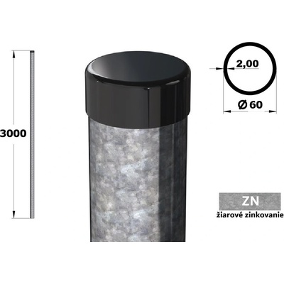 Plotový stĺpik 300 cm, priemer 60 mm, hr. steny 2,00 mm, žiarové pozinkovanie