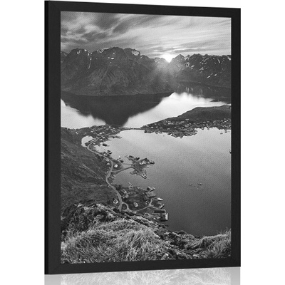 Plakát okouzlující horské panorama se západem slunce v černobílém provedení - 60x90 no frame