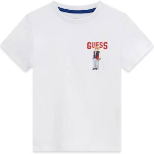 GUESS Бяла тениска за мини момче с червен надпис Guess и малко мече