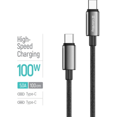 ColorWay CW-CBPDCC098-BK USB-C – USB-C (zinková zliatina, nylonové opletenie) PD Fast Charging 100W 5A 1m černý