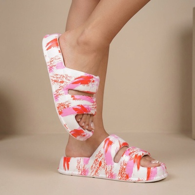 Дамски джапанки в бяло с розов и червен принт