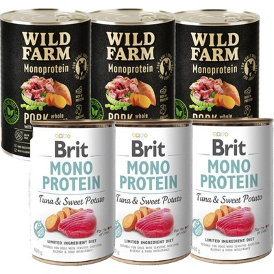 Brit Mono Protein Tuna & Sweet Potato 3 x 400 g a Wild Farm Monoprotein Wild Boar 3 x 400 g