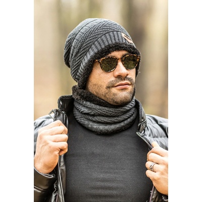 Fashionweek pánská souprava čepice + komín s kožešinou BE01 grafitová