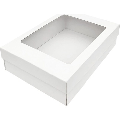 Darčeková krabička 330x230x90/40 mm, dno + veko s priehľadným okienkom, biela