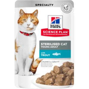  Паучове за кастрирана котка Hill's Science Plan Young Adult Sterilized, късчета пъстърва в сос Грейви - 1.02кг