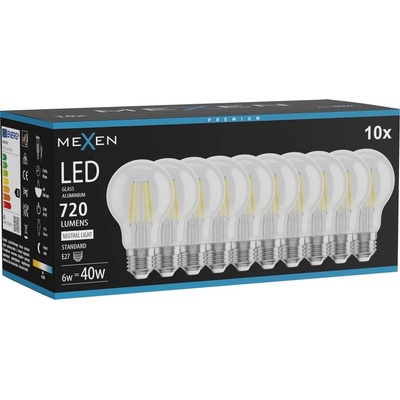 Mexen Vintis 10x LED нажежаема жичка крушка E27, A60, 6W, Неутрална - 4000K, 720 lm, (L150-E27-0640-00x10)