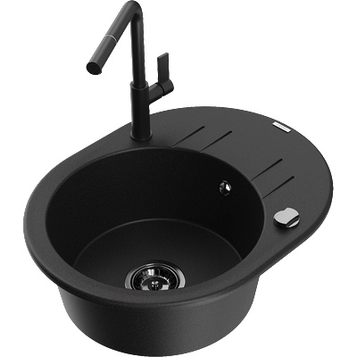 Mexen Kevin гранитна мивка с 1 камера и отцедник и кухненски смесител Flora, черен - 6517-77-670401-70-B (6517-77-670401-70-B)