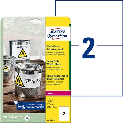 Avery-Zweckform L4717-20 210 x 148 mm prehľad produktov fólie biela 40 ks trvalé Fóliové etikety; L4717-20