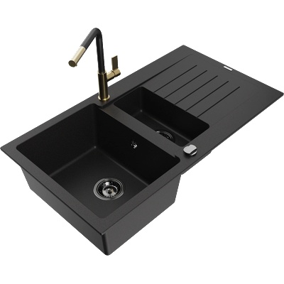 Mexen Matias гранитна мивка 1, 5 камери с отцедник и кухненски смесител Flora, черен - 6502-77-670401-57-B (6502-77-670401-57-B)