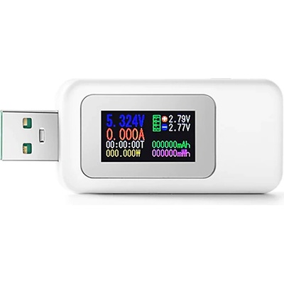 AppleMix USB nabíjací tester - LCD displej - USB-A samec / USB-A samica - meranie napätia / prúdu - plast - biely