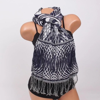 Image 1 of Дамски шал в тъмносиньо с бели и сиви орнаменти