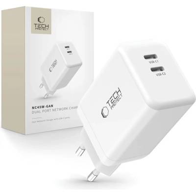 Tech-Protect nc45w-gan мрежово зарядно с 2 порта pd45w бял (5906302372393)