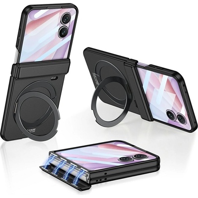 Huawei Калъф с протектор GKK за Honor Magic V Flip 2 - магнитна панта, стойка и MagSafe съвместимост, черен, сребрист и лилав