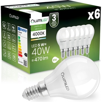 Lumiled 6x LED žiarovka E14 P40 5W = 40W 470lm 4000K Neutrálna biela 180°