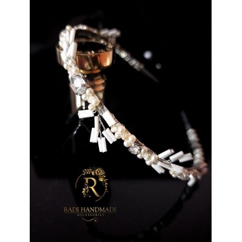 Image 1 of Radi handmade Официална диадема с перлени цветя и бежави кристали (481)