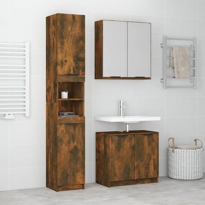 vidaXL Комплект шкафове за баня от 3 части инженерно дърво Опушен дъб (3115881)