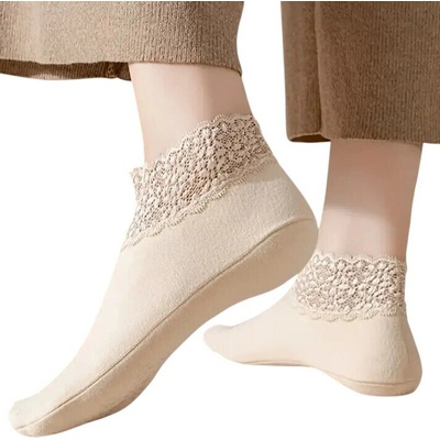 Бежови дамски чорапи от поларена материя с дантела