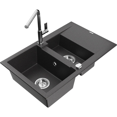 Mexen Gaspar гранитна кухненска мивка с 1, 5 отделения с отцедник и кухненски смесител Flora, черна с пръски - 6507-76-670401-00 (6507-76-670401-00)