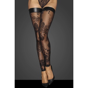 Noir Handmade F243 Tulle Stockings with Patterned Flock Embroidery XL