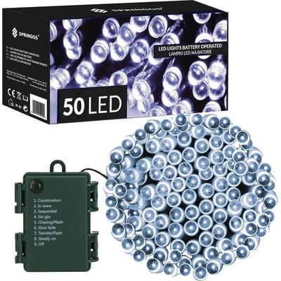 SPRINGOS LED světelný řetěz 5m 50LED 8 funkcí časovač 3xAA IP44 studená bílá