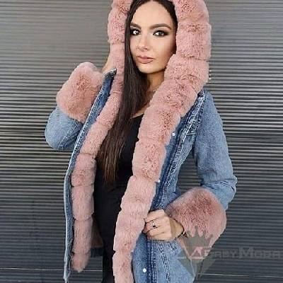 Дамско зимно дънково яке парка с розов пух