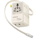 Baseus Адаптер за пътуване Baseus EnerCore CG11 (E0307E01) - с прибиращ се кабел, 2AC+2U+2C, 70W бързо зареждане, GaN, универсален - Бял