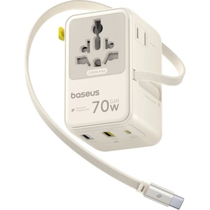 Baseus Адаптер за пътуване Baseus EnerCore CG11 (E0307E01) - с прибиращ се кабел, 2AC+2U+2C, 70W бързо зареждане, GaN, универсален - Бял