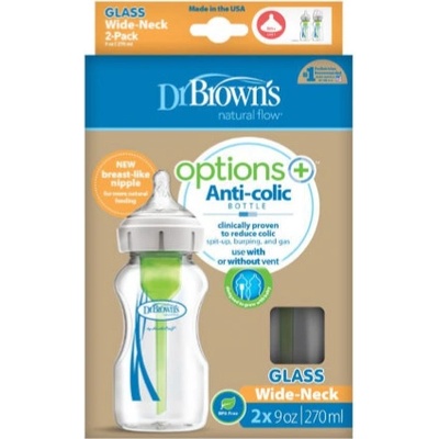Dr. Brown’s dojčenská fľaša Options+ Duopack Wide neck anti colic sklenená biela 1x2ks 2 x 270 ml