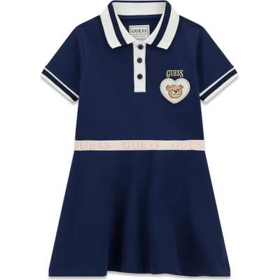Guess Тъмносиня рокля с къс ръкав и яка за мини момиче с бели детайли и мече Guess