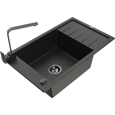 Mexen Elias гранитна мивка с 1 отделение с дренаж и кухненски смесител Rita, черно/златист металик - 6511-75-670300-70-B (6511-75-670300-70-B)